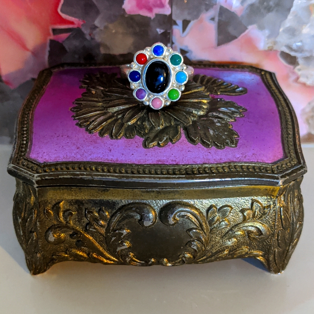 Thai Good Fortune Black Onyx Floral Motif Ring